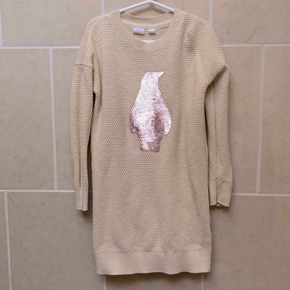 Adorable EUC Sequin Penguin Tunic Knit Cream Sweater 100% Cotton Sz 6/7 (S)